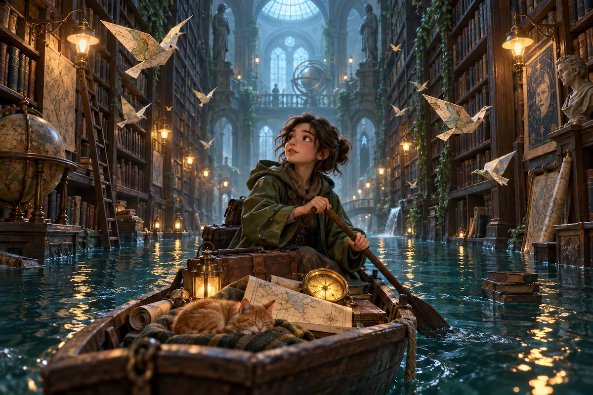 Cartographer in a small boat navigating a flooded library with paper birds