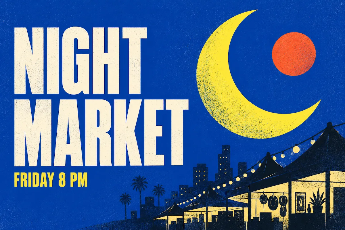 Cobalt and citron night market poster with bold NIGHT MARKET headline