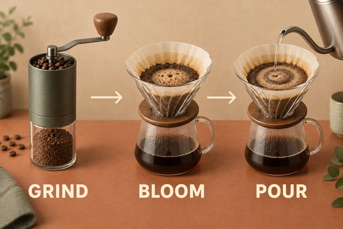 Three-stage pour-over coffee process labeled GRIND, BLOOM, and POUR