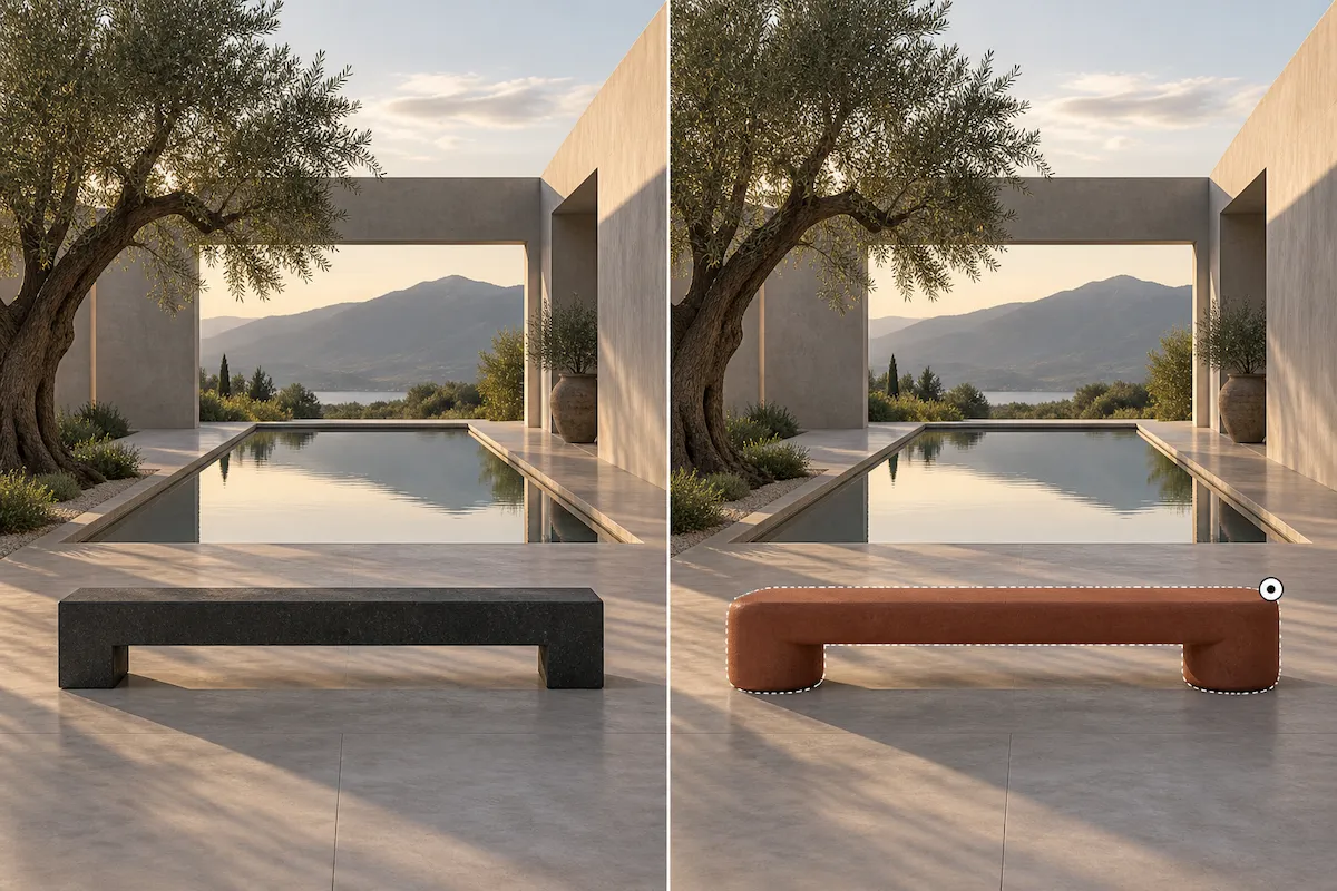 Before-and-after architectural scene with only the foreground bench changed and selected