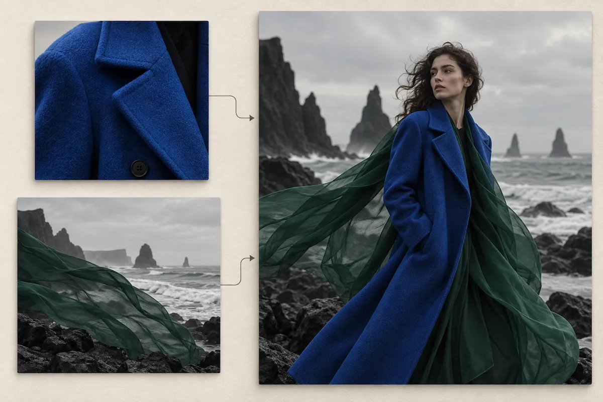 Two reference images of a blue coat and coastal fabric feeding into a final editorial scene