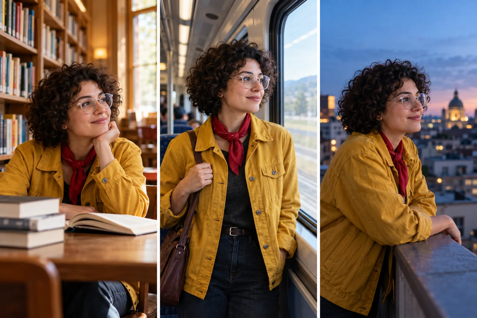 Three photographic scenes of the same curly-haired woman in round glasses and a mustard jacket at a library, on a train, and on a rooftop.