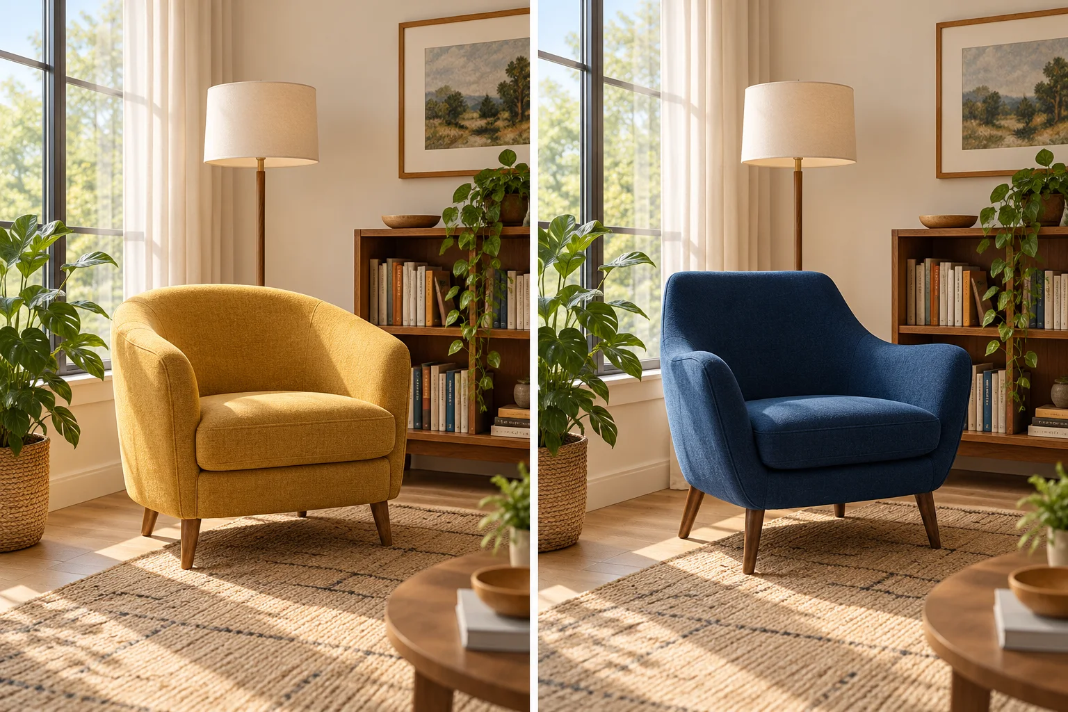 Side-by-side reading corner views with the same window, bookshelf, plant, and lamp; the armchair changes from mustard yellow to deep blue.