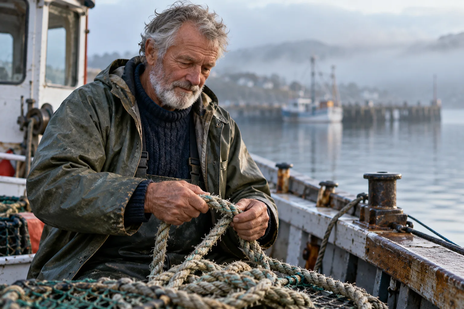 Older sailor mending a weathered rope on a misty harbor boat in the morning light.