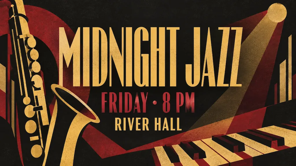Art Deco jazz event poster with the headline MIDNIGHT JAZZ, the time FRIDAY · 8 PM, and the venue RIVER HALL.