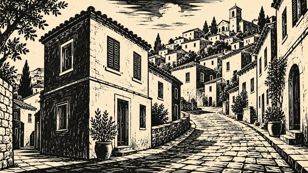 Black-ink linocut illustration of a winding street through a dense hillside town.