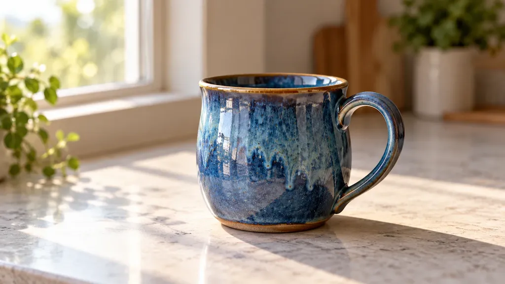 Handcrafted blue-glazed ceramic mug on a pale stone counter in soft morning window light.