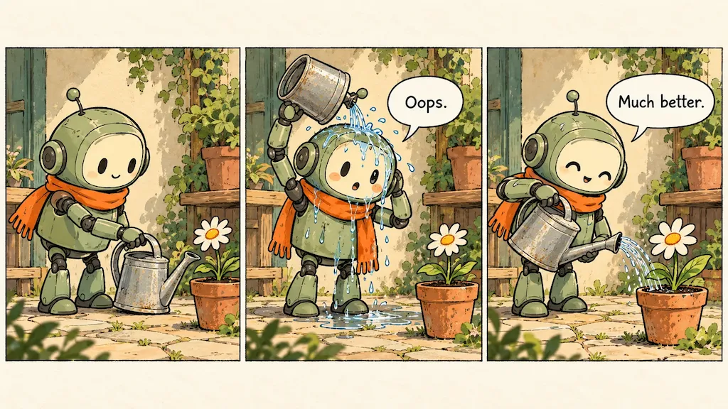 Three-panel hand-drawn comic about a green robot that first waters itself and then waters a flower.