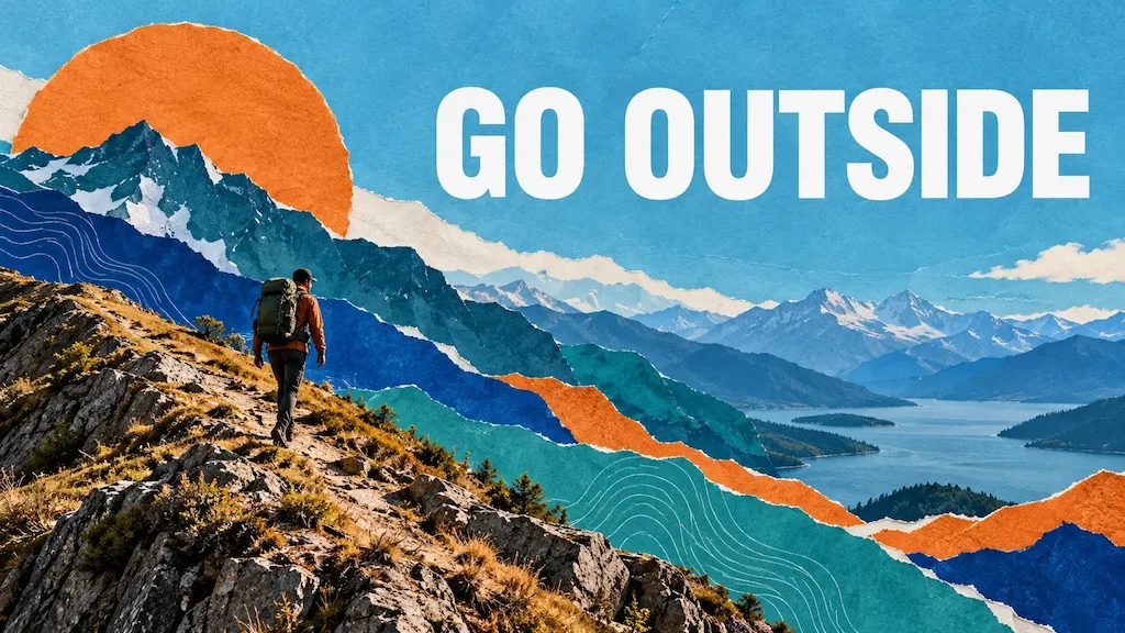GO OUTSIDE social campaign collage with a backpacker crossing layered blue, teal, and orange mountains.