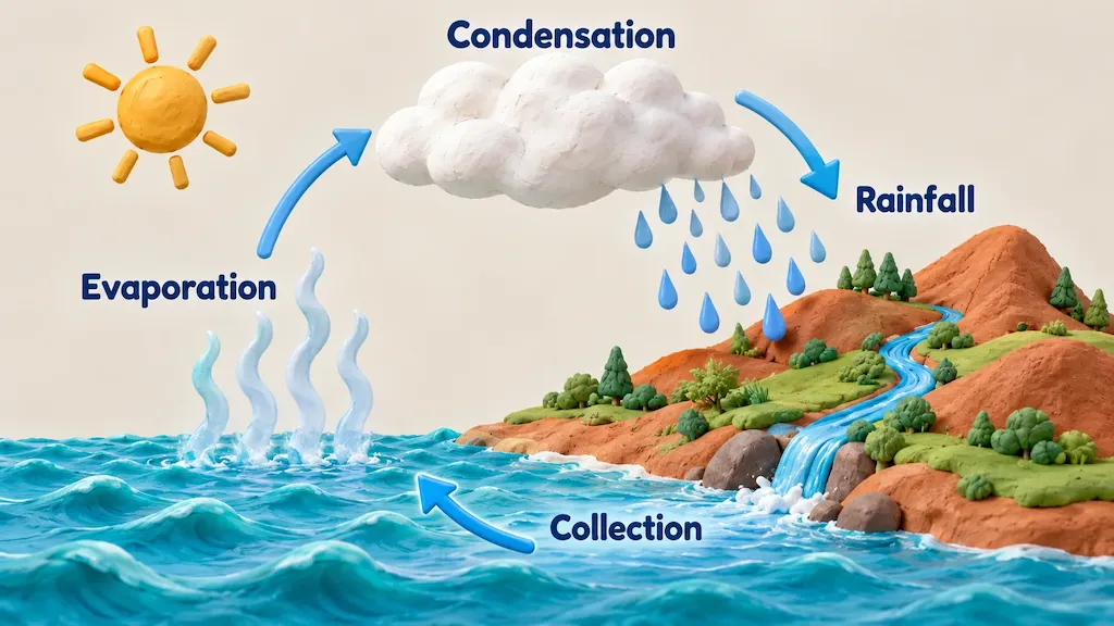Claymation water cycle diagram showing evaporation, condensation, rainfall, and collection around a sea and hillside.
