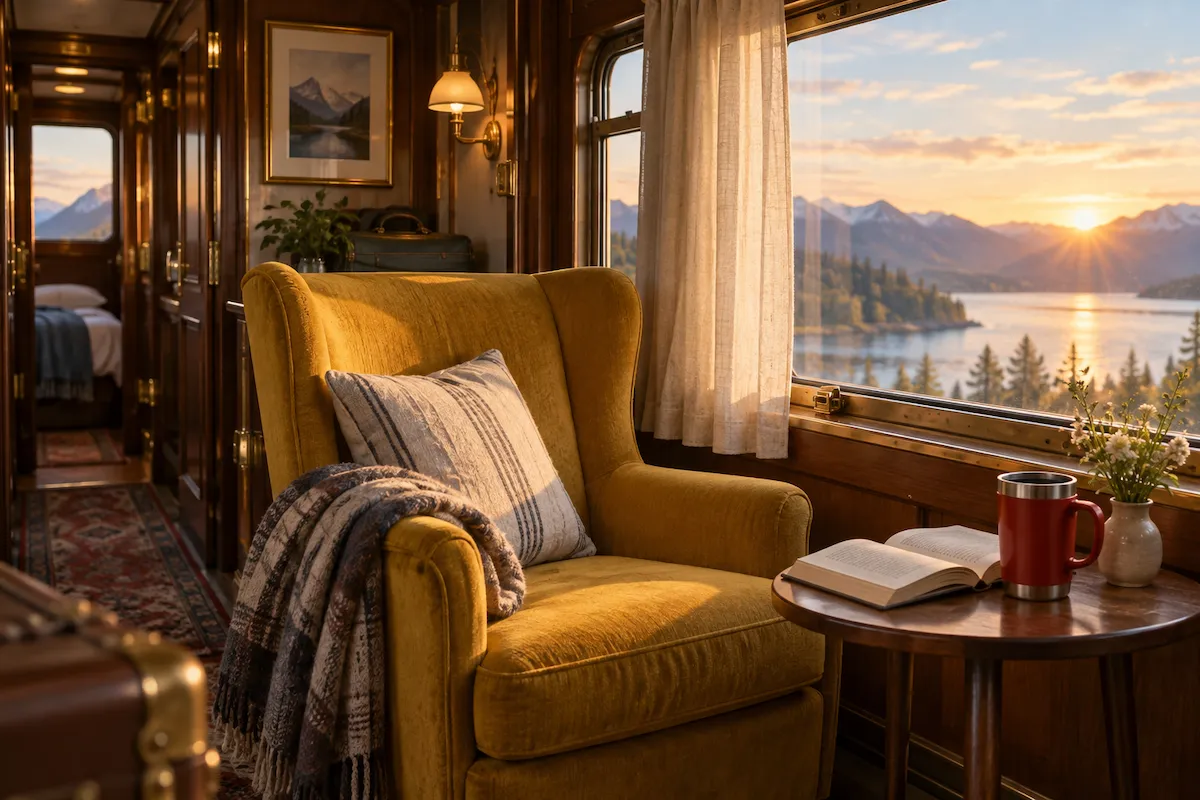 Detailed AI-generated reading nook inside a vintage train carriage