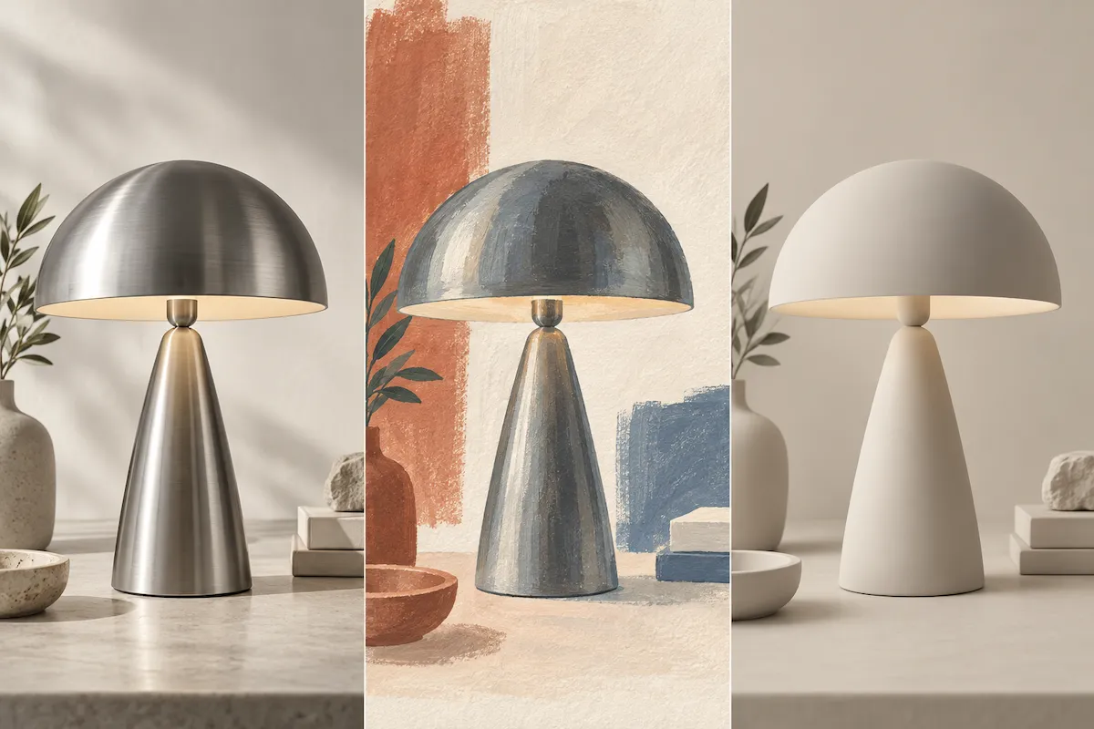 One table lamp shown in photographic, gouache, and 3D render styles
